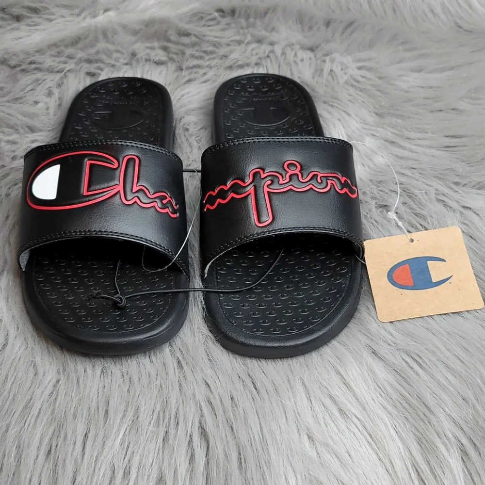 Champion Super Slide Split Script Logo Black Red Flip Flops